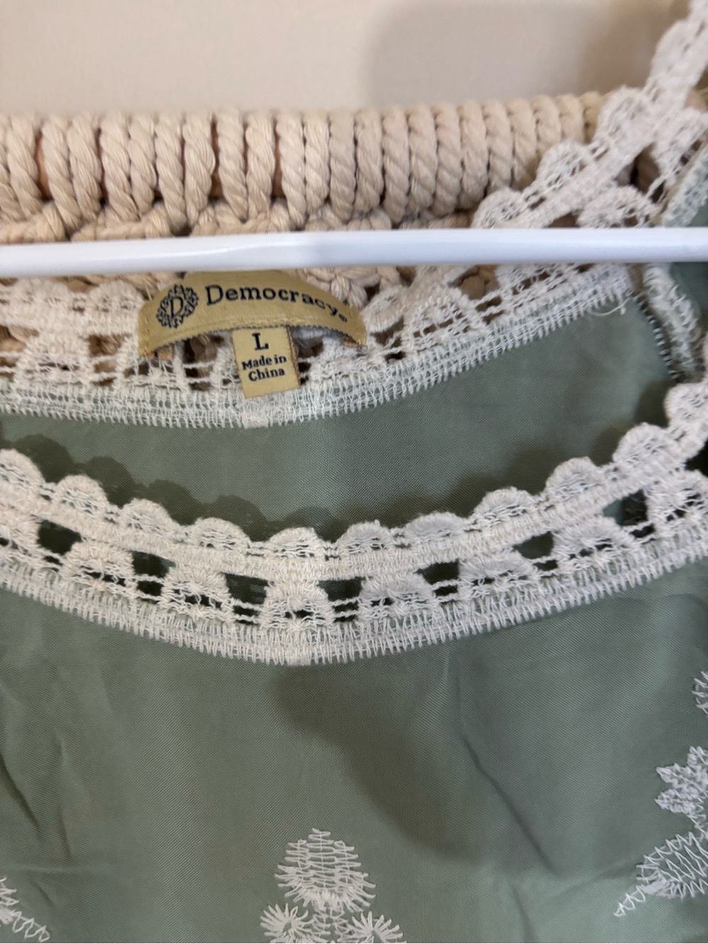 Democracy Sage Green Embroidered Peasant Blouse with Crochet Trim - Picture 2 of 3